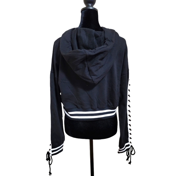 IRIS BASIC Crop Top Sweatshirt with Hood Black and White M - Picture 3 of 5